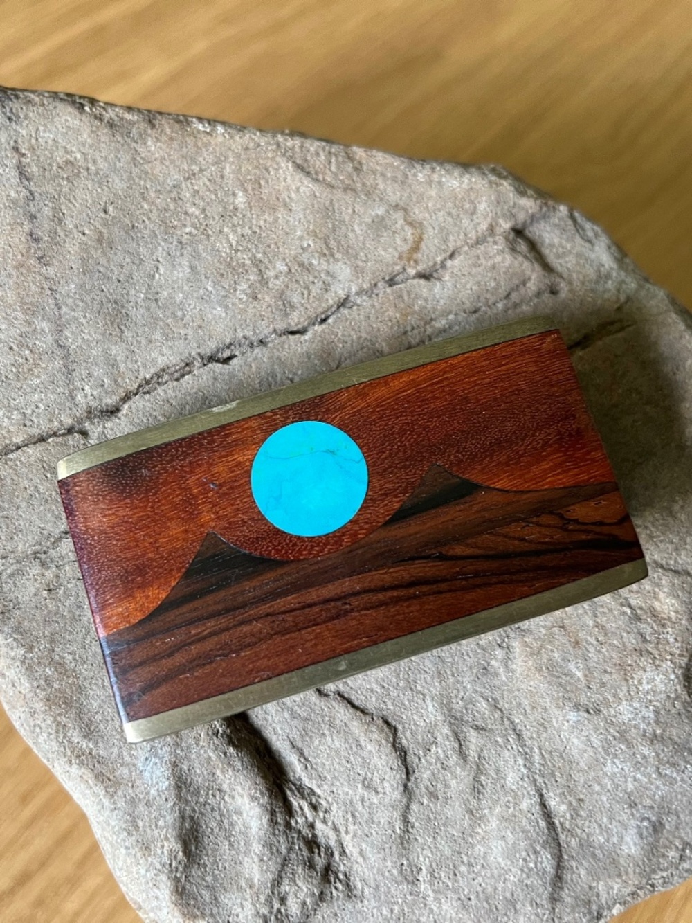 Wood Turquoise Inlay Belt Buckle Kenneth Reid Albuquerque Desert Mountain Crafts